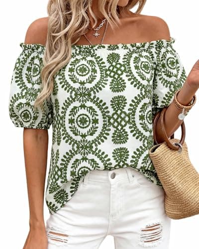 BTFBM Off The Shoulder Boho Tops for Women 2026 Summer Spring Short Sleeve Floral Loose Resort Beach Vacation Clothes(Floral White Army Green, X-Large) - Image 1