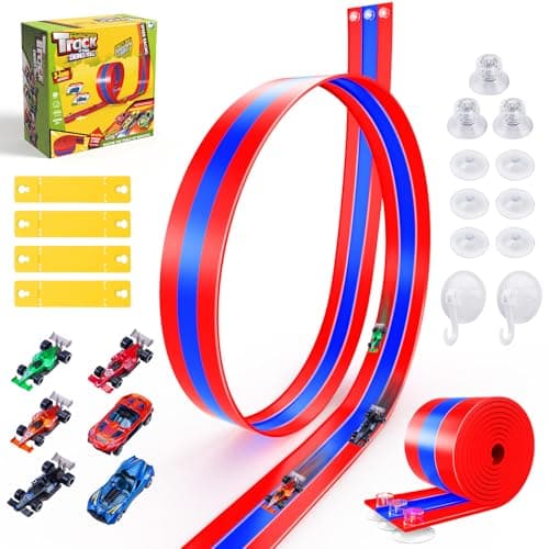 16.4Ft Flexible Race Track for Kids, 3-Lane Bendable Car Track Toy Set with Suction Cup Bases & 1/64th Cars, DIY Adjustable Flex Track, Indoor Outdoor Race Track Set for Boys Girls Ages 3+ - Image 1