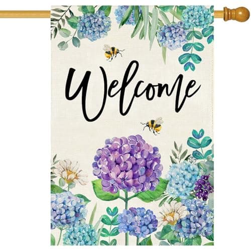 Baccessor Spring Hydrangea House Flag Double Sided 28x40 Inch, Purple Blue Flower Floral Welcome Garden Flag Burlap Vertical Seasonal Farmhouse Yard Outdoor Decoration (Large) - Image 1