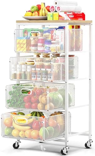 SUNALLY Rolling Kitchen Cart with Drawers, 4-Tier Utility Cart Fruit Vegetable Storage Cart with Lockable Wheels, Wooden Top Metal Kitchen Storage Organizer for Cans, Snacks, Beauty, Craft, Art, White - Image 1