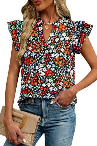 CFLONGE Floral Summer Tops for Women 2026 V Neck Ruffle Short Sleeve Boho Shirts Dressy Work Blouses Business Casual Outfits(Flower Black,XX-Large) - Image 1
