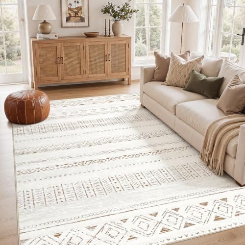 cotiled 6x9 Area Rug for Living Room, Washable Non-Slip Large Area Rug, Indoor Floor Carpet Low Pile Soft Boho Farmhouse Rug for Bedroom Dining Room (Brown Cream,6'x9') - Image 1