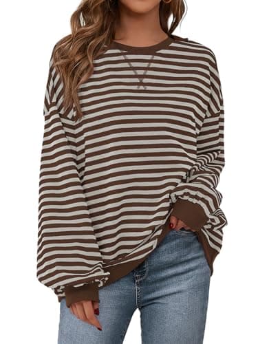 PRETTYGARDEN Women Striped Oversized Sweatshirt Color Block Crew Neck Long Sleeve Casual Pullover Top Spring Y2K Clothes (Grey Brown, Small) - Image 1