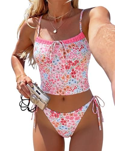 ZAFUL Pink Floral Tankini Swimsuits for Womens Cute Tankini Bathing Suits Two Piece Checkered Tankinis Sets Bow Color Block Swimsuits with Tie Side Bottom - Image 1