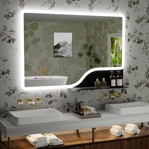 32"x 48" LED Bathroom Mirror with Shelf, 3 Colors Backlit Vanity Mirror with Lights, Wall-Mounted Large Bathroom Mirror with Lights, Smart Mirror with Anti-Fog, Stepless Dimmable, Memory (UL, ETL) - Image 1