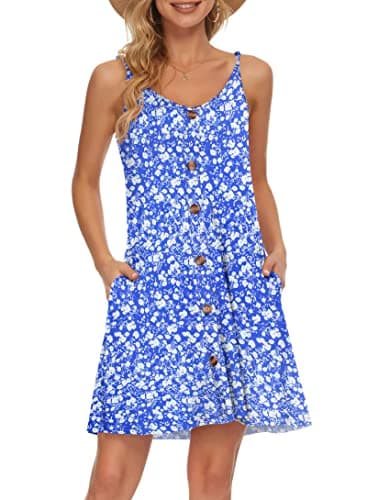 WNEEDU Women's Summer Spaghetti Strap Button Down V Neck Casual Beach Cover Up Dress with Pockets,Floral Blue White XL - Image 1