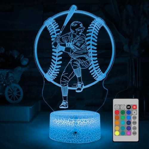 xiyumygs 3D Baseball Night Light, 16 Colors LED Illusion Lamp with Remote Control, Sports Theme Bedroom Decor, USB & Battery Powered, Gift for Baseball Fans - Image 1