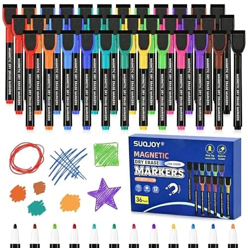 SUQJOY 36 Count Magnetic Dry Erase Markers, Fine Tip Whiteboard Markers with Eraser Caps, Low Odor, 12 Assorted Colors, for Fridge Calendar, Office and Home - Image 1