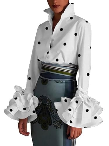 UOOZEE Womens Button Down Shirt Long Sleeve Dress Shirts Solid Work Blouse, Polka Dot, S - Image 1
