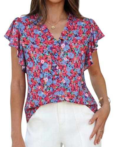 GRACE KARIN 2026 Boho Tops for Women Dressy Casual,Ruffle Sleeve Chiffon Blouses,V Neck Summer Fashion Clothes Blue Red M - Image 1