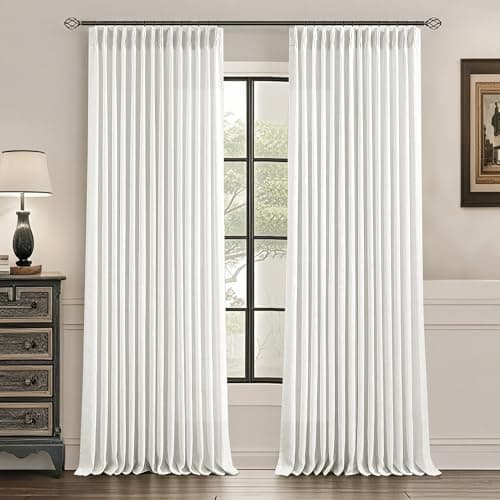 Uqocnh Pinch Pleated Linen Curtains White 96 inches Long Flax Farmhouse Semi Sheer Snow White Curtains for Living Room Bedroom Pleated Drapes Rod Pocket Back Tab Window Curtain Set, 2 Panels - Image 1