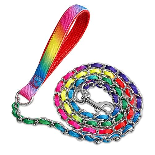 LUFFWELL Heavy Duty Metal Dog Chain Leash with Comfortable PU Leather Padded Handle, Chew Proof for Medium Large Pooch Walking Training (6FT 3.5mm Colorful)
