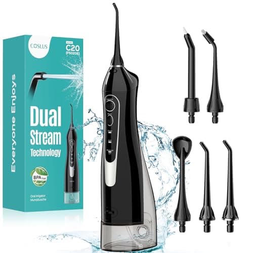 COSLUS Water Dental Flosser Teeth Pick C20: ADA Accepted, Portable Cordless Oral Irrigator 300ML Rechargeable Travel Irrigation Cleaner IPX7 Waterproof Electric Flossing Machine for Teeth, Black - Image 1