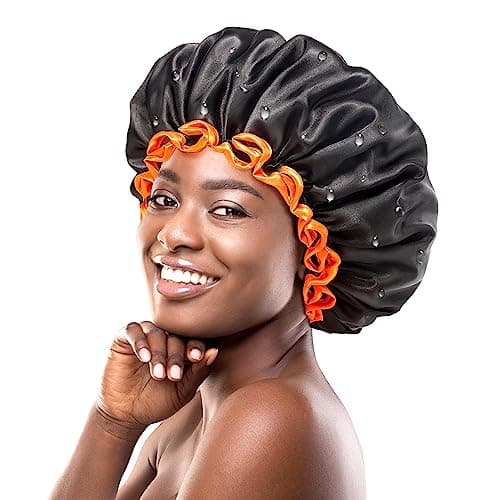 mikimini Large Shower Cap for Women Long Hair, Black, Reusable Waterproof Double Layers XL Washable Colorfast Odorless High-Quality Shower Cap for Men with Vibrant Orange Edge - Image 1