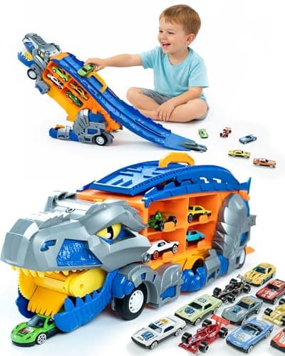Cozycharm 13 in 1 Dinosaur Toys for Kids 3-6, Carrier Truck Race Track Toddlers Toys, Foldable Track Playset,Dinosaur Truck with 12 Die-Cast Racing Car Toys, Xmas Gifts for Boys Girls