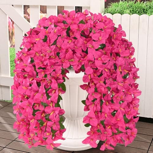 Livole 2Pcs Bougainvillea Artificial Flowers for Outdoors, Realistic UV Resistant Faux Outdoor Plants Flowers, Silk Hanging Fake Flowers for Outside Home Porch Patio Balcony Garden Decor Rose Red - Image 1