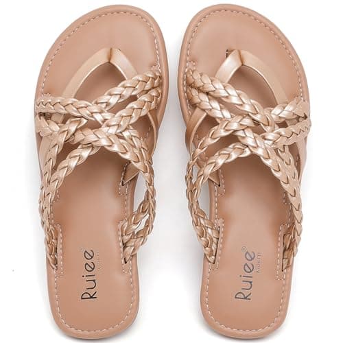 Ruiee Wide Width Sandals for Women, Summer Flip Flops Wide Feet Flat Slides Casual Braided Comfort Slip on Breathable Cute Sandal. 258009 Gold Size11 - Image 1