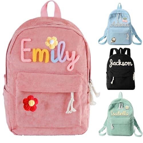 ROSLILY Personalized Backpack For Girls/Boys/Toddlers With Knitting Names, Custom Corduroy Backpack Kid's Name Monogram Book Bag - Image 1