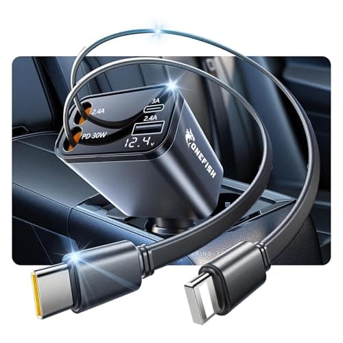 OneFish 12V&24V Retractable Cord 4 in 1 Fast Car Charger, 4Ports (PD30W+PD12W x3), Cigarette Lighter Chargers with USB Type C Ports Display, for iPhone 17 16 Pro Max Plus/iPad, Car Truck Essentials
