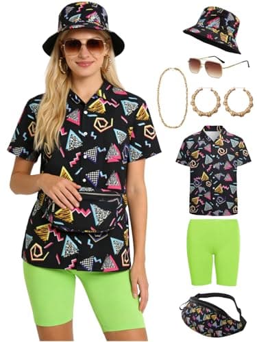 Verceco 80s 90s Outfits for Women Unisex Hip Hop Women Costume Accessory Sets Retro 90s Themed Party Outfits 7PC 80s Fashion Clothes (Black, L) - Image 1