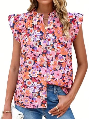 PRETTYGARDEN Women Button Down Boho Shirts Floral Ruffle Cap Sleeve Mock Neck Flowy Casual Summer Blouses Tops (Floral Orange Pink, Medium) - Image 1