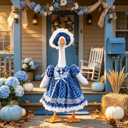 Sukione Blue Plaid Porch Goose Outfits, Summer Vintage Lawn Goose Clothes for 23" Cement Goose Statue, Cute Lace Dress with Hat for Outdoor Garden Patio Yard Art Decorations - Image 1