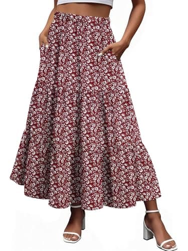 Magritta Women's Flowy Pleated High Waisted Maxi Skirt with Pockets Summer Red Flower X-Small - Image 1