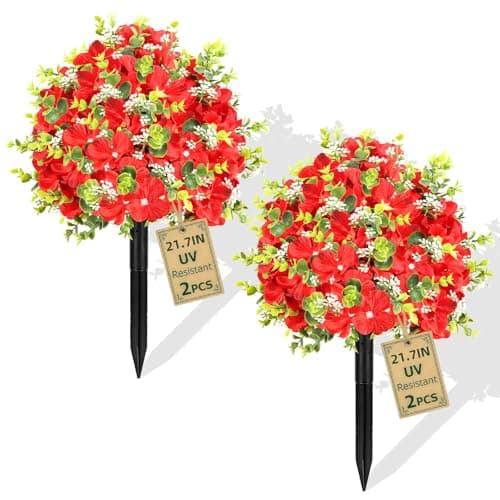 2 Pack Artificial Flowers Topiary Ball Tree, 21.7" Fake Plants with Ground Spike, UV-Resistant Faux Boxwood Shrub, Realistic Evergreen Bushes for Indoor/Outdoor Front Porch & Garden Decor (Red)