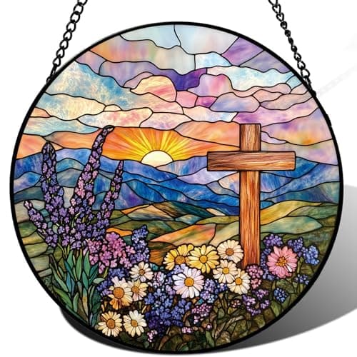 Zizzie Cross Stained Glass Suncatcher - 7.9" Real Glass Sunrise Mountain Window Hanging, Weatherproof Christian Religious Decor, Spiritual Sympathy Memorial Gift for Mom Women - Image 1