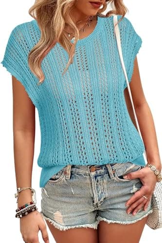 Arach&Cloz Womens Spring Summer 2024 Sweater Vest Cap Sleeve Crochet Knit Lightweight Casual Beach Shirts Cover Up Sleeveless Tops Blue - Image 1
