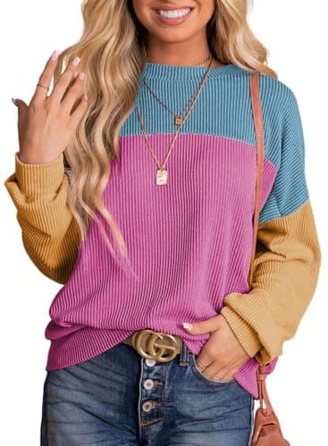 Dokotoo Womens Pullover Fall Tops for Women Ladies Crewneck Long Sleeve Shirts Colorblock Tunics Blouses Summer Casual Loose Fit Tops Cute Fashion Knit Tops Vacation Outfits 2026 Bright Pink Large - Image 1
