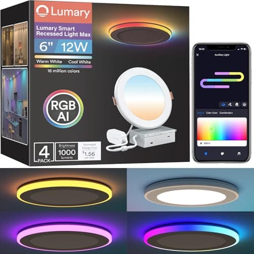 Lumary RGBAI Smart Recessed Lighting 6 Inch with Gradient Accent and Night Ring, 12W 1000LM Wi-Fi LED Recessed Lights, LED Downlight Compatible with Alexa/Google Assistant/Siri, 4PCS - Image 1
