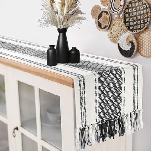 yuboo Black and White Striped Table Runner Farmhouse Style, Modern Short Woven Coffee Table Runner 48 Inches Long, Geometric Dresser Runners for Bedroom, Nightstand, Black Gothic Table Decor - Image 1