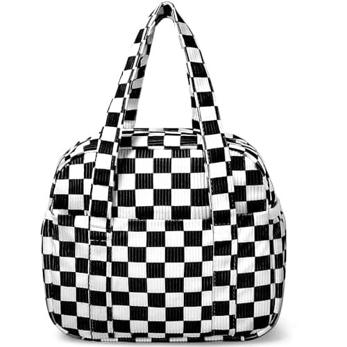 Yarnic Corduroy Lunch Bag Women Insulated, Large Lunch Box for Work with Bottle Pockets, Stylish Reusable Cooler Tote for Adults Teachers Picnic (black White Checkered) - Image 1