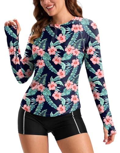 Viodia Womens Swim Shirt UPF50+ Rash Guard Long Sleeve Swimsuit Top Sun Protection Shirts Bathing Suit with Zipper Navy Flower 2XL - Image 1