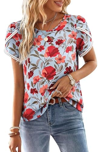 PRETTYGARDEN Womens Spring Tops 2026 Casual Crewneck Lace Crochet Short Sleeve Shirts Floral Boho Blouse Loose Tunic Top(Floral Light Blue,X-Small) - Image 1