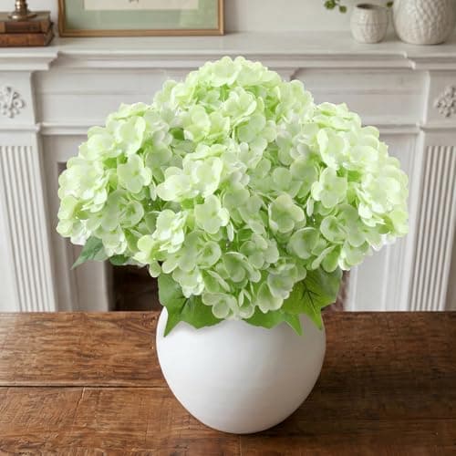 Hydrangea Artificial Flowers, 4Pcs Real Touch Faux Hydrangea with Long Stem and Leaves, Lifelike Fake Flowers for Outdoor Planters Garden Porch Yard Home Decor, Wedding Bouquets, Light Green - Image 1