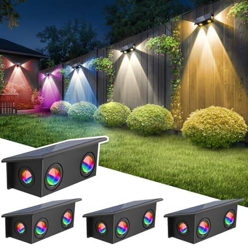 T-SUN Solar Fence Lights Outdoor, 4 Pack Waterproof Fence Lights Solar Powered 8 Mode RGB & Warm White&Color Changing Dusk to Dawn Wall Lights for Yard Patio Step Deck Railing Pool - Image 1