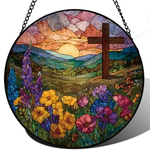 Zizzie Wildflowers and Crosses Suncatcher -7.9 in Stained Glass Window Hanging Sun Catcher Garden Decor