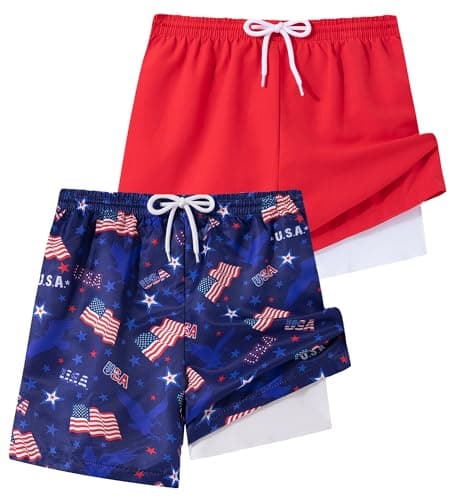 Funnycokid 2 Pack 4th of July Boys Swim Trunks with Mesh Liner USA Flag Red Independent Day UPF 50+ Sun Protection Bathing Suit Quick Dry Swimming Short Boxer Swimsuit Stretchy Beach Swimwear 5-6t - Image 1