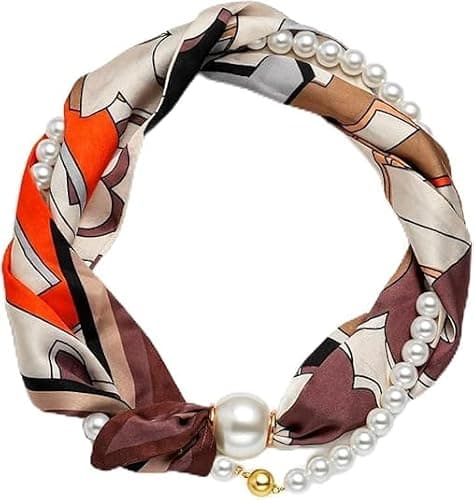 Layered Silk Scarf Choker Necklace for Women Fashion Brown Pearl Bandana Necklaces with Charms Elegant Formal Costume Prom Jewelry Gift