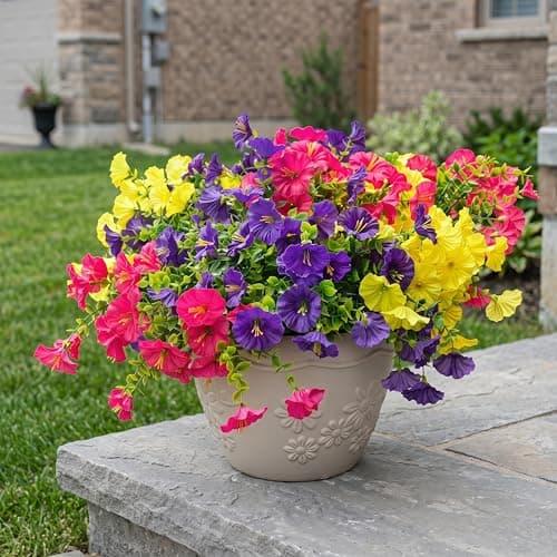 maxkes Artificial Flowers for Outdoors, UV Resistant Fake Silk Morning Glory, Realistic Faux Plants for Outside Porch Patio Window Box Hanging Planter (12, Purple Yellow Hotpink) - Image 1