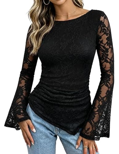 GRACE KARIN Womens Lace Bell Long Sleeve Tops 2026 Fall Boat Neck Ruched Going Out Shirt Asymmetrical Y2K Clothes Date Night, Black Rose, Small - Image 1
