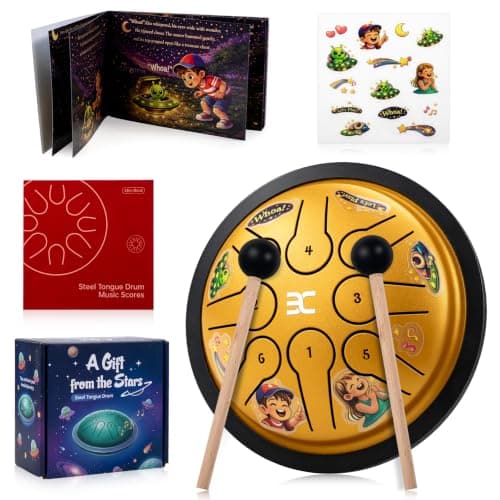 EX Steel Tongue Drum UFO Shape Design, Space Story Gift Set with Book & Stickers, 5.3 Inch 8 Notes Rain Drum for Outside Garden, Musical Instruments for Kids Adult Gift, Calming Drum, Yellow - Image 1
