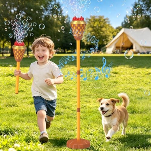 Bubble Machine Toys for Kids: Bubble Torch Blower 1200mAh Rechargeable with Flame Light Music, 47" Adjustable Height, Bubbles Wand Outdoor Toys for Summer Camping Halloween Wedding Backyard Pool Party