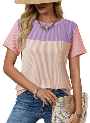 Dokotoo Womens Shirts Color Block Short Sleeve Tops for Women Cute Pullover Ladies Tees & Blouse Spring Summer Business Casual t Shirts Blouses for Women Fashion 2026 Purple Medium - Image 1