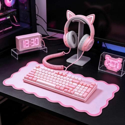 yuboo Scalloped Pink Desk Mat, 31" x 15.7" Cute Large Aesthetic PU Leather Desk Pad, Non-Slip Waterproof Keyboard Mouse Desk Mat, Kawaii Desk Accessories for Office, Home, Gaming & Dorm Decor