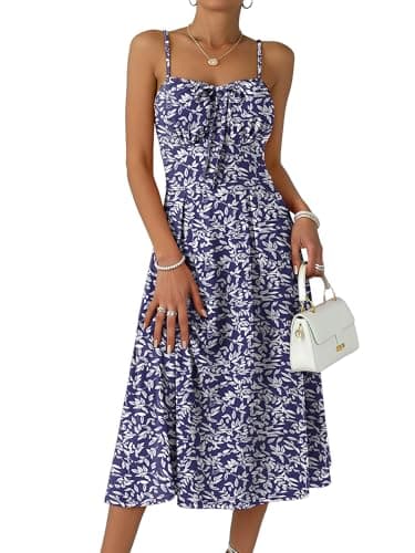 Caracilia Summer Dresses for Women Floral Corset Spaghetti Strap Milkmaid Midi Sundress 2026 Flowy Wedding Guest Dresses Leaf Printed Small - Image 1