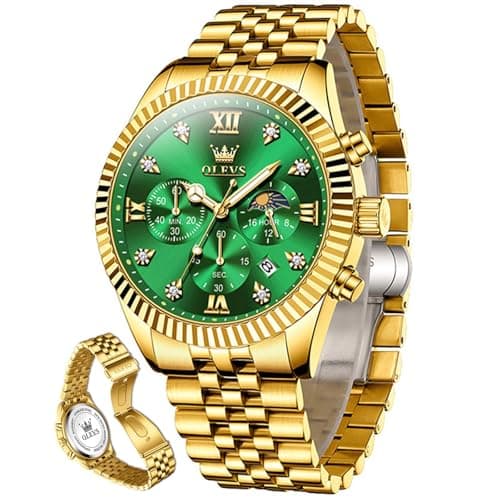 OLEVS Gold Watches for Men Luxury Dress Green Big Face Stainless Steel Analog Quartz Mens Watch Wrist Waterproof Fashion Chronograph Moon Phase Luminous Mens Watches Relojes para Hombres - Image 1