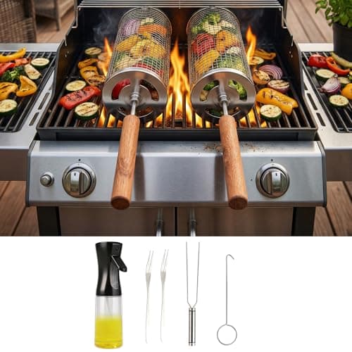 7-Piece BBQ Set, 2 Rolling Grill Baskets for Effortless Flipping,Grilling Tools or Fish,Shrimp,Meat,Vegetables,Fries Food,Outdoor Camping Grilling Accessories,Gifts for Men Dad Husband - Image 1